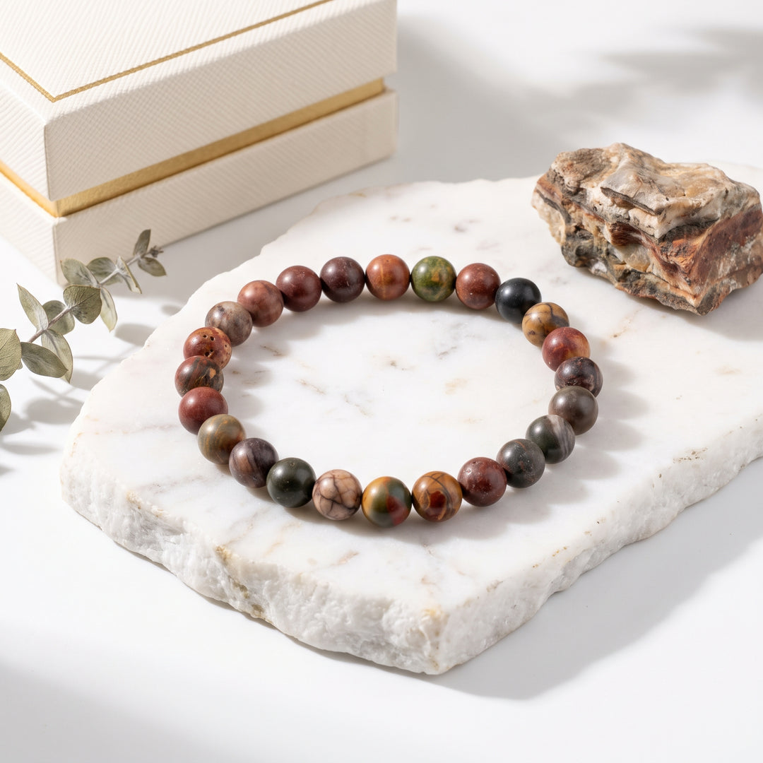 Polychrome Jasper Metal-Free Stretch Bracelet – 8mm Earth Tone Stone Jewelry