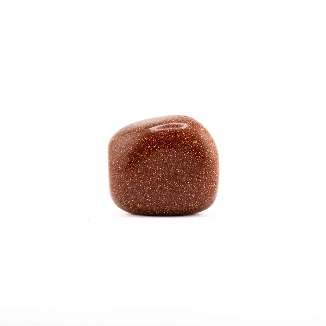 Polished Red Goldstone tumbled pocket stone with characteristic glittering copper specks shimmering against a reddish-brown base