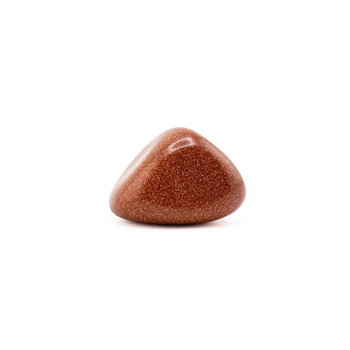 Triangular-shaped Red Goldstone tumbled stone featuring a glossy finish and dense internal copper shimmer
