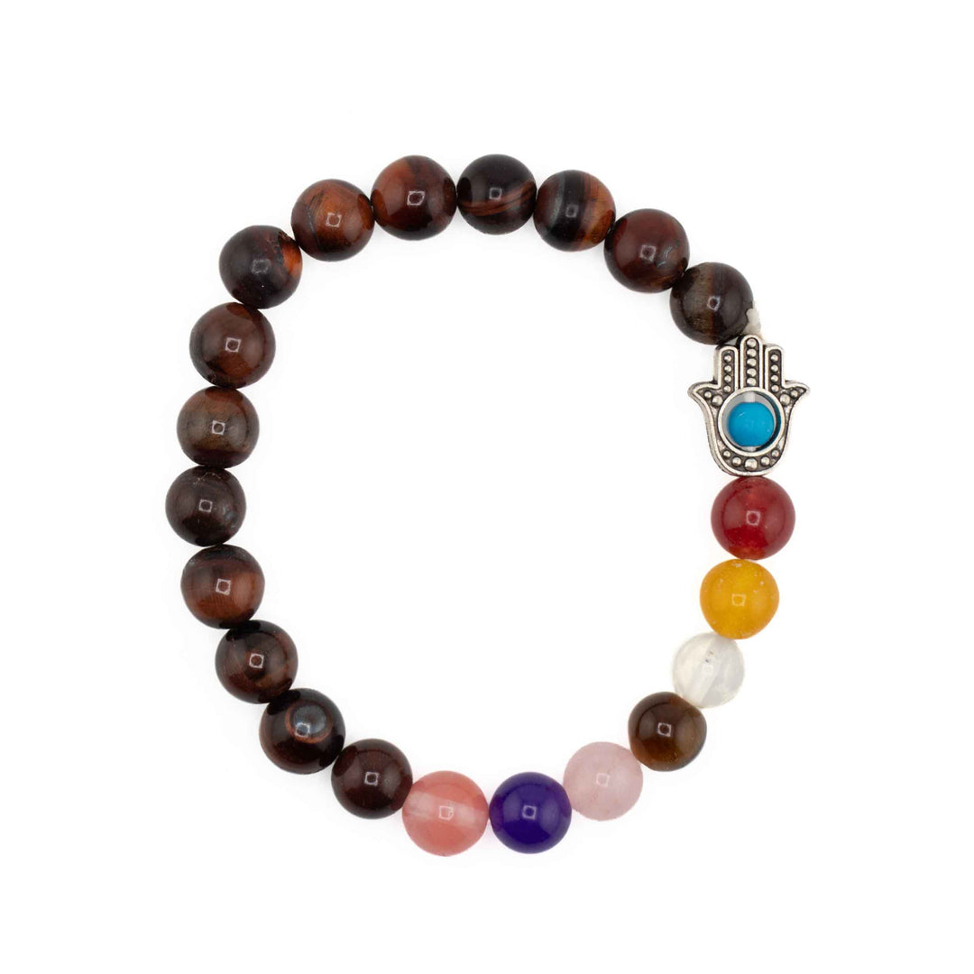 Red Tiger Eye beaded chakra healing bracelet featuring multicolored gemstone accent beads and a silver Hamsa hand charm with a turquoise evil eye centerpiece
