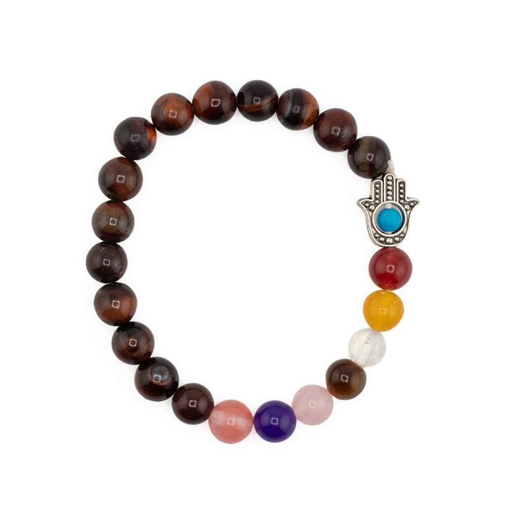Red Tiger Eye beaded chakra healing bracelet featuring multicolored gemstone accent beads and a silver Hamsa hand charm with a turquoise evil eye centerpiece