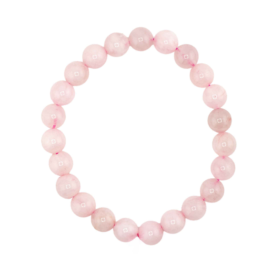 Natural Rose Quartz beaded stretch bracelet featuring smooth, translucent light pink gemstone spheres with a bright pink cord tie