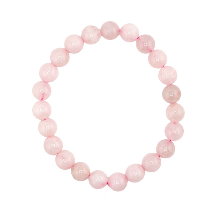 Natural Rose Quartz beaded stretch bracelet featuring smooth, translucent light pink gemstone spheres with a bright pink cord tie