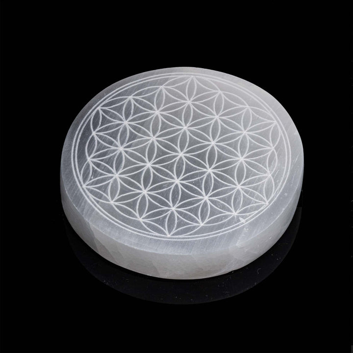 Natural Selenite Engraved Round Charging Plate - 3 Inches Selenite Crystal - Cleansing & Recharging Healing Stone