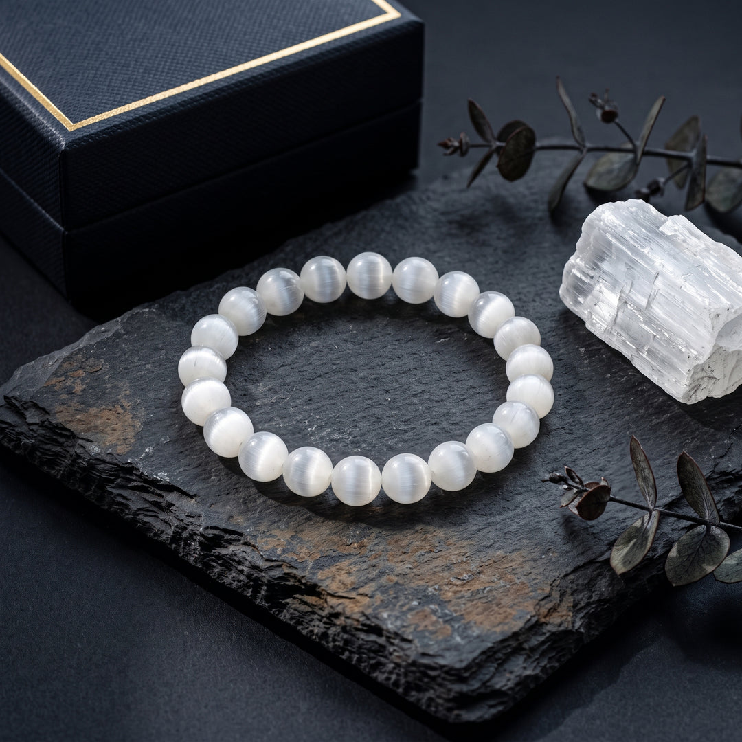 Selenite Metal-Free Stretch Bracelet – 8mm Cleansing Crystal Jewelry