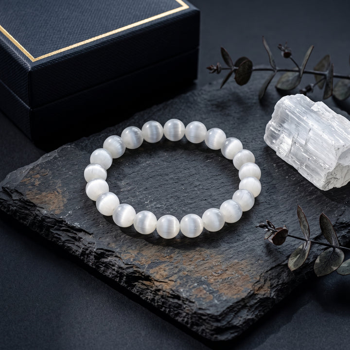 Selenite Metal-Free Stretch Bracelet – 8mm Cleansing Crystal Jewelry