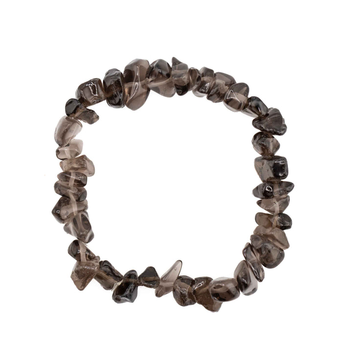 Natural Smoky Quartz chip stone stretch bracelet crafted with irregular, tumbled translucent grey-brown crystal chips