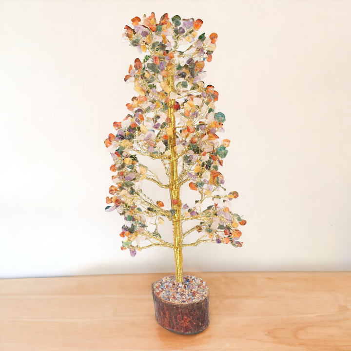 Catch a Spark of Nature's Magic: Enchanting 15-Inch Gemstone Tree with Mixed Stones on a Classic Wood Base - Elegant Home Decor Accent