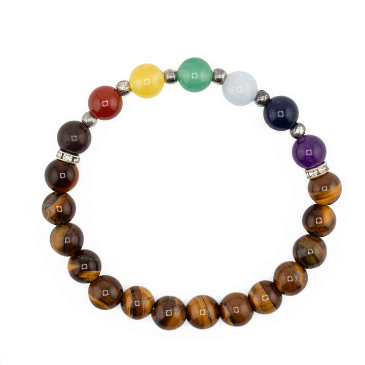 Golden brown Tiger Eye beaded bracelet with seven colorful chakra gemstone beads separated by small silver spacer beads