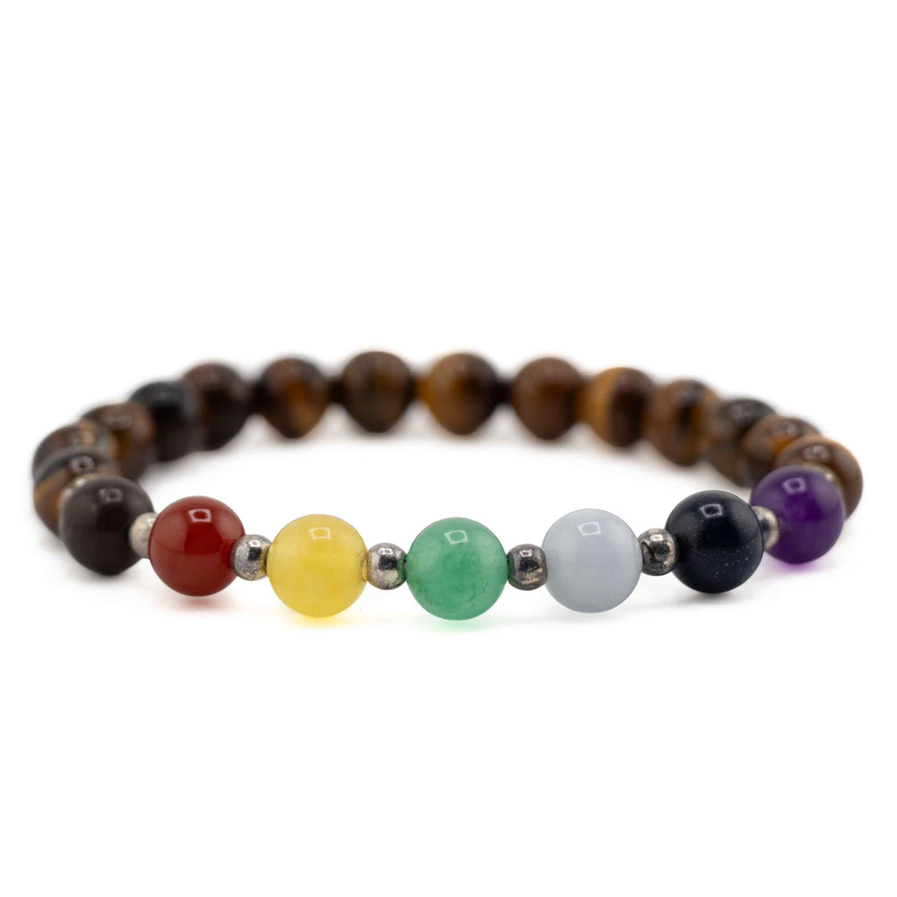 Side view resting shot highlighting colorful chakra gemstone beads in red, yellow, green, light blue, dark blue, and purple on a Tiger Eye beaded bracelet