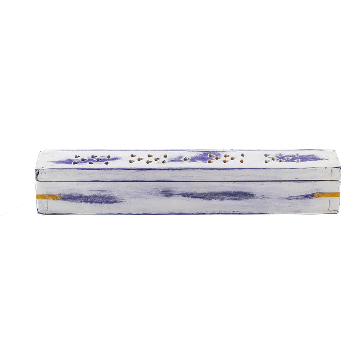 White & Purple Wooden Incense Holder Box – Handcrafted with Brass Inlay & Storage