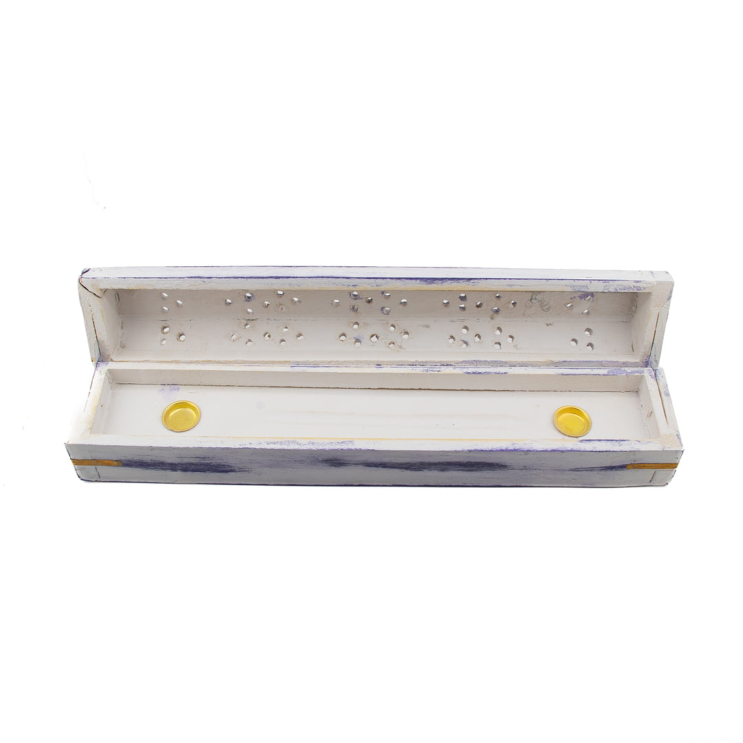 White & Purple Wooden Incense Holder Box – Handcrafted with Brass Inlay & Storage