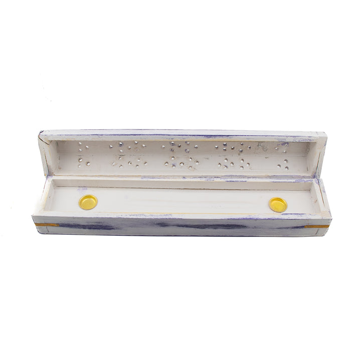 White & Purple Wooden Incense Holder Box – Handcrafted with Brass Inlay & Storage