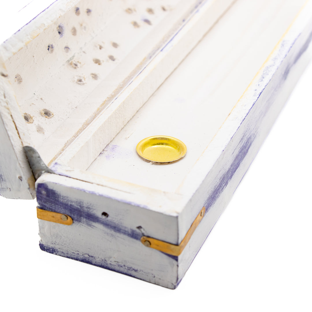 White & Purple Wooden Incense Holder Box – Handcrafted with Brass Inlay & Storage