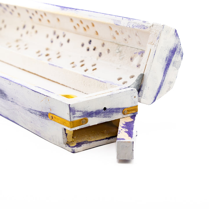 White & Purple Wooden Incense Holder Box – Handcrafted with Brass Inlay & Storage
