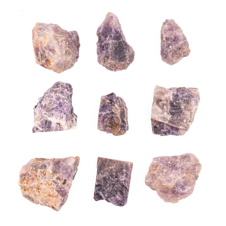 Nine raw, unpolished amethyst stones arranged in a neat 3x3 grid against a solid white background.