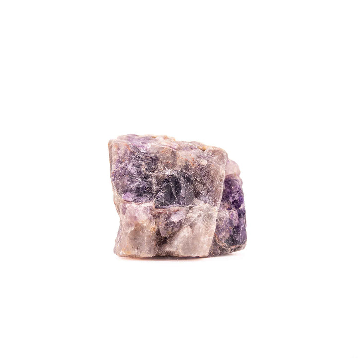 A single piece of raw, unpolished amethyst displayed centrally against a clean white background.