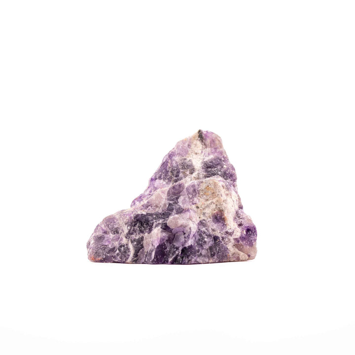 A rough purple and white amethyst crystal cluster stone on a solid white background.