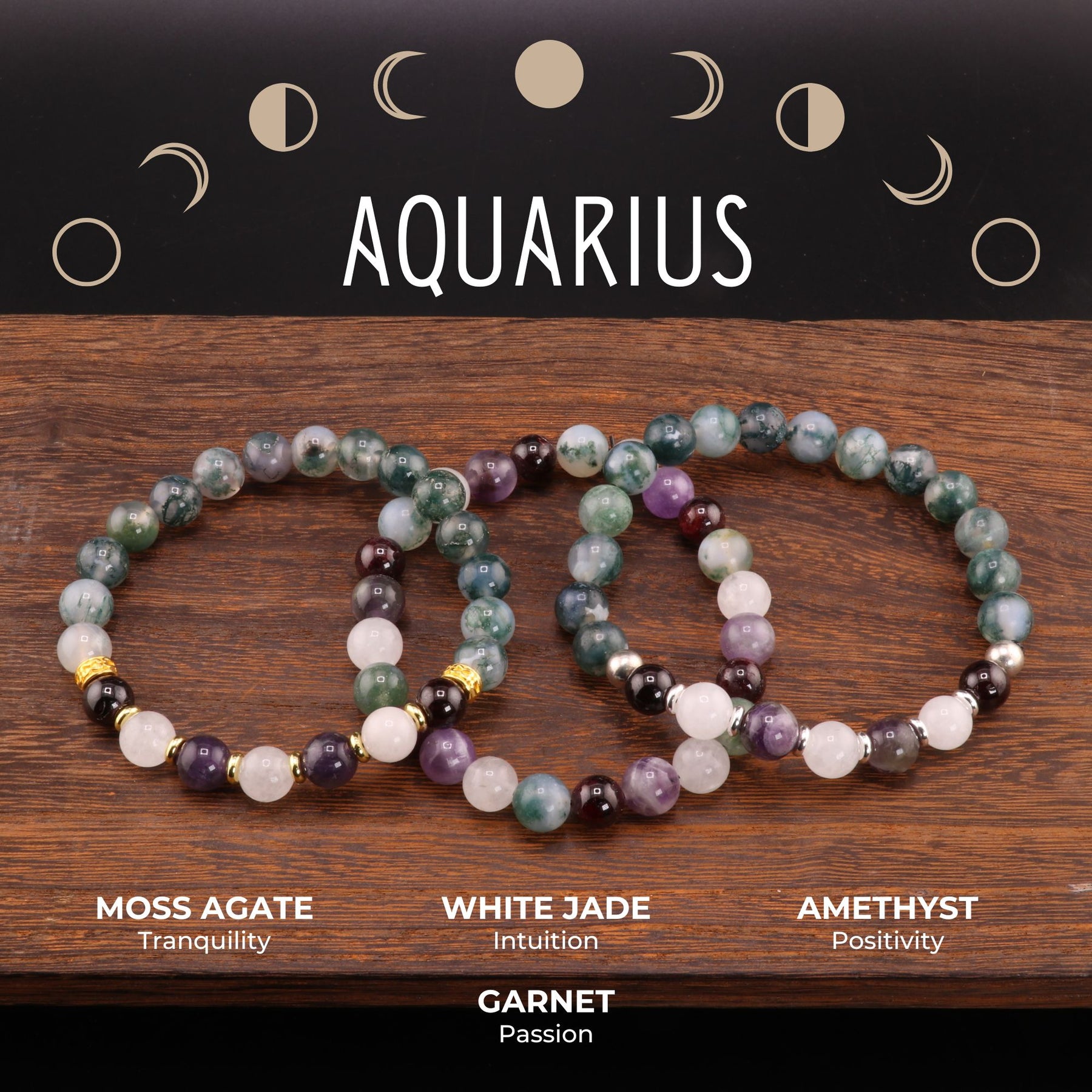 Aquarius Zodiac Bracelets - Black Onyx & Red Agate Stone - Beaded Brac –  Powell's Owls
