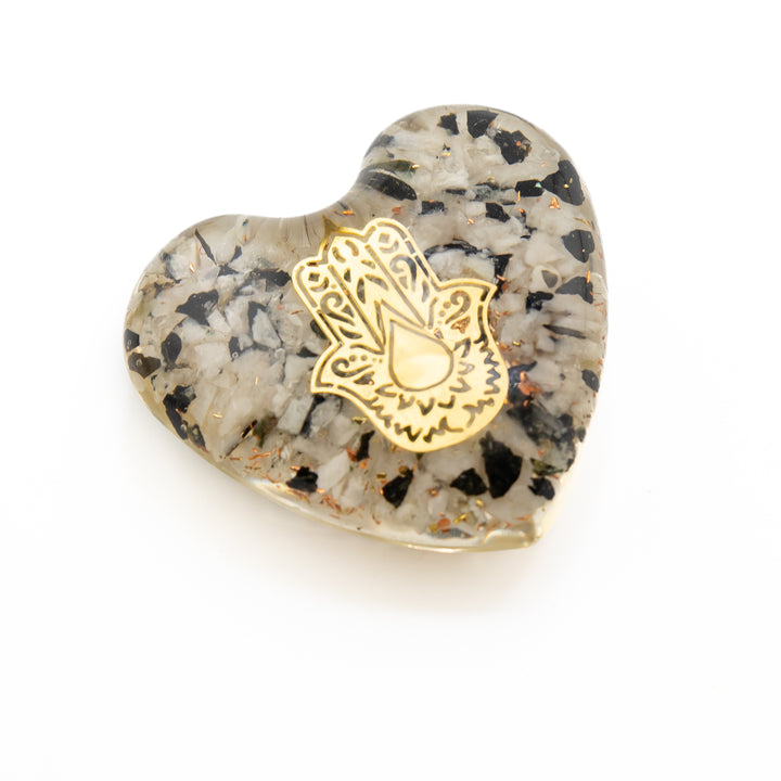 Clear Quartz & Black Tourmaline Orgonite Heart – Protection, Clarity & Grounding Energy