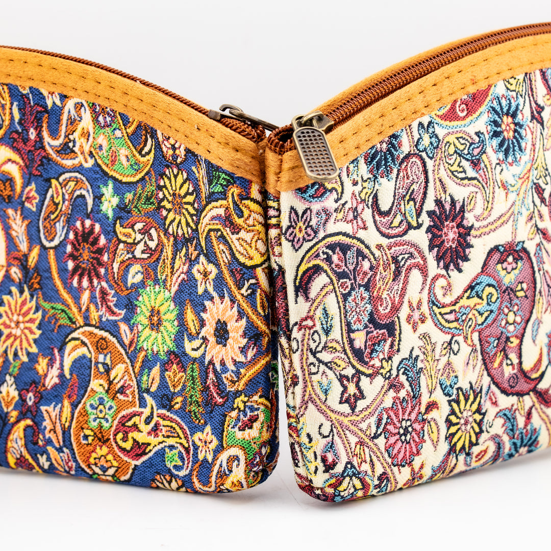 Authentic Turkish Paisley Zippered Wristlets – Ivory Garden & Navy Mosaic