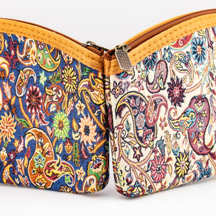 Authentic Turkish Paisley Zippered Wristlets – Ivory Garden & Navy Mosaic