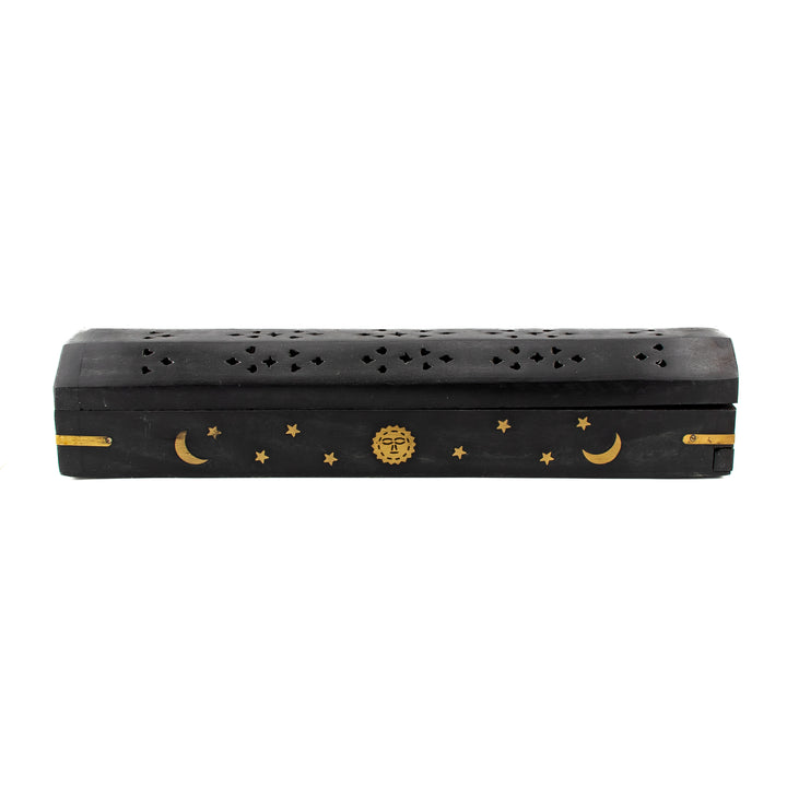 Black Moon & Stars Wooden Incense Holder Box – Handcrafted with Brass Inlay & Storage