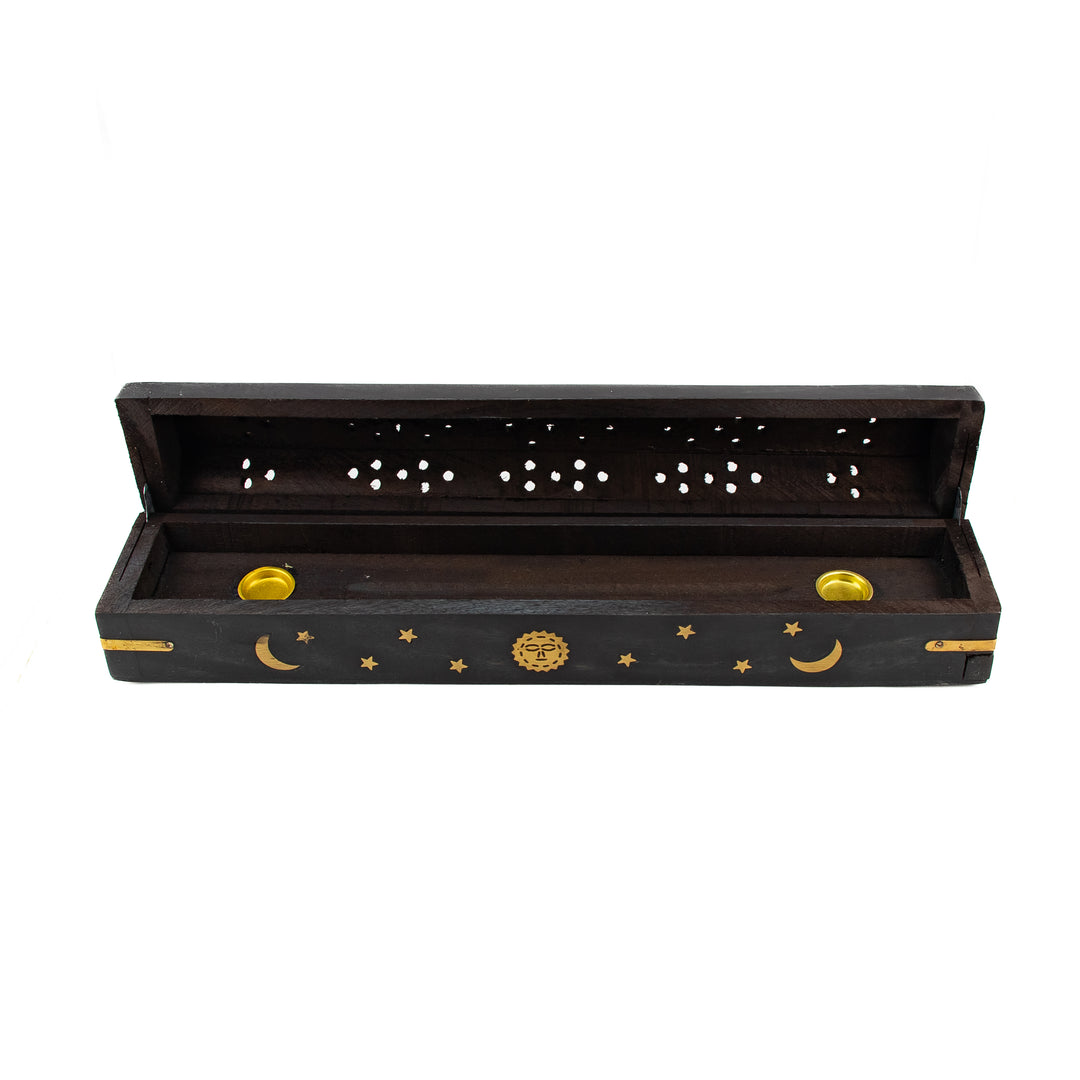 Black Moon & Stars Wooden Incense Holder Box – Handcrafted with Brass Inlay & Storage