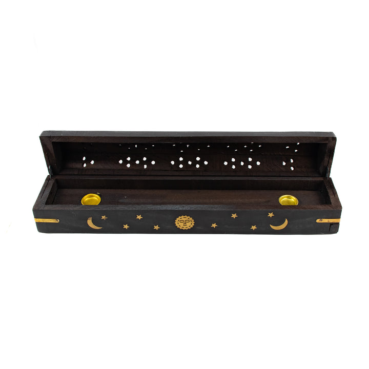 Black Moon & Stars Wooden Incense Holder Box – Handcrafted with Brass Inlay & Storage
