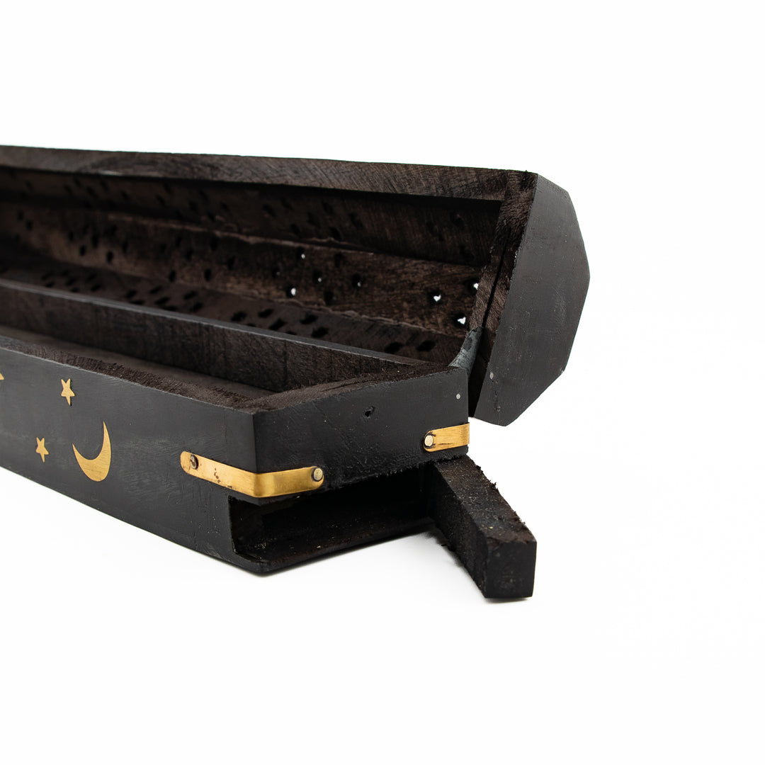 Black Moon & Stars Wooden Incense Holder Box – Handcrafted with Brass Inlay & Storage