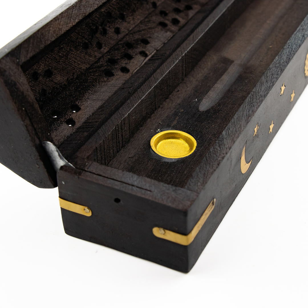 Black Moon & Stars Wooden Incense Holder Box – Handcrafted with Brass Inlay & Storage