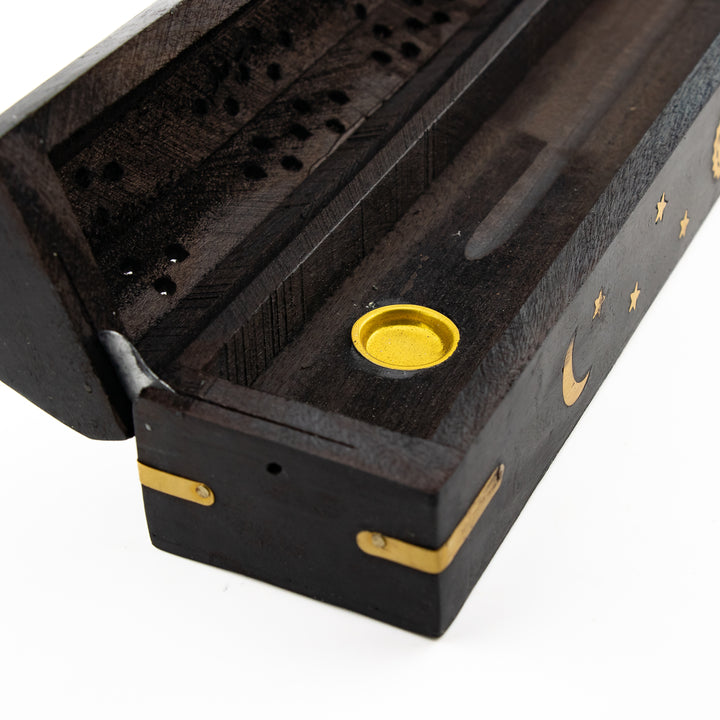 Black Moon & Stars Wooden Incense Holder Box – Handcrafted with Brass Inlay & Storage