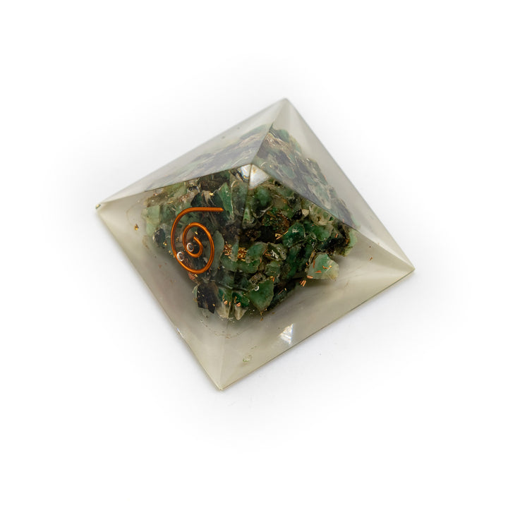 Mini Orgonite Pyramid with Green Aventurine & Copper Spiral – Abundance, Growth & Heart Healing