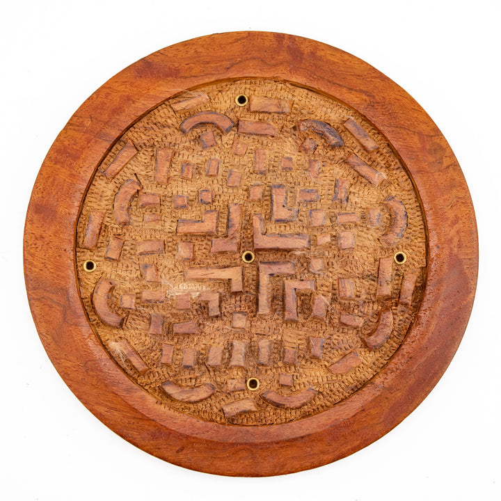 Hand-Carved Wooden Incense Holder – Round Ash Catcher Disk with Tribal Motif Design