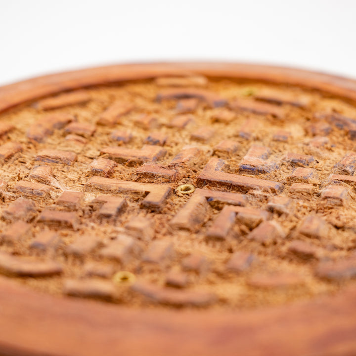 Hand-Carved Wooden Incense Holder – Round Ash Catcher Disk with Tribal Motif Design