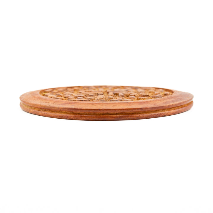 Hand-Carved Wooden Incense Holder – Round Ash Catcher Disk with Tribal Motif Design