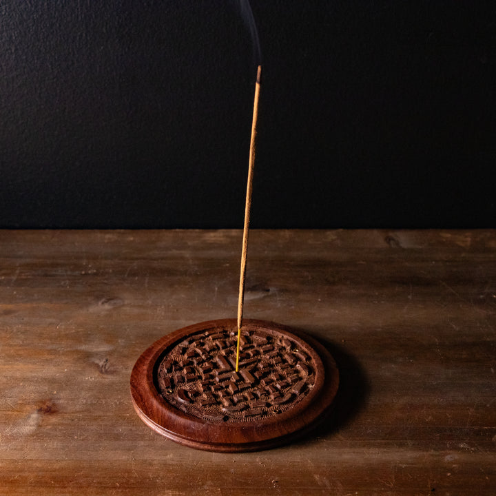 Hand-Carved Wooden Incense Holder – Round Ash Catcher Disk with Tribal Motif Design