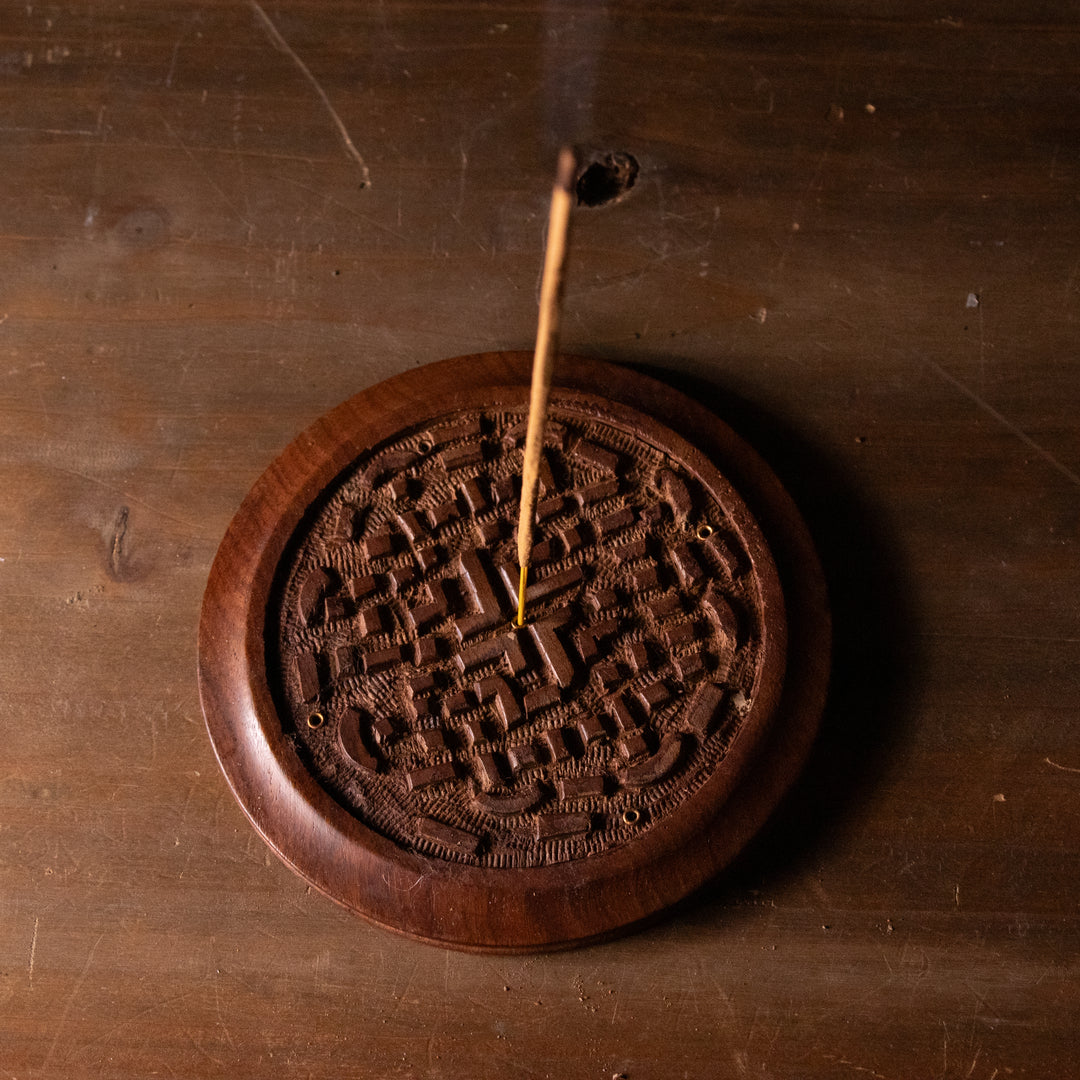 Hand-Carved Wooden Incense Holder – Round Ash Catcher Disk with Tribal Motif Design
