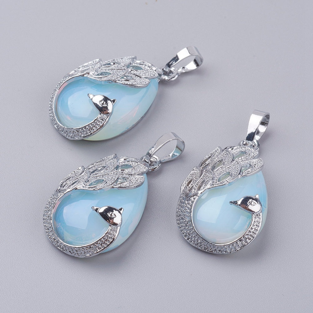 Handcrafted Teardrop Necklace - Opalite Gemstone with Peacock Motif