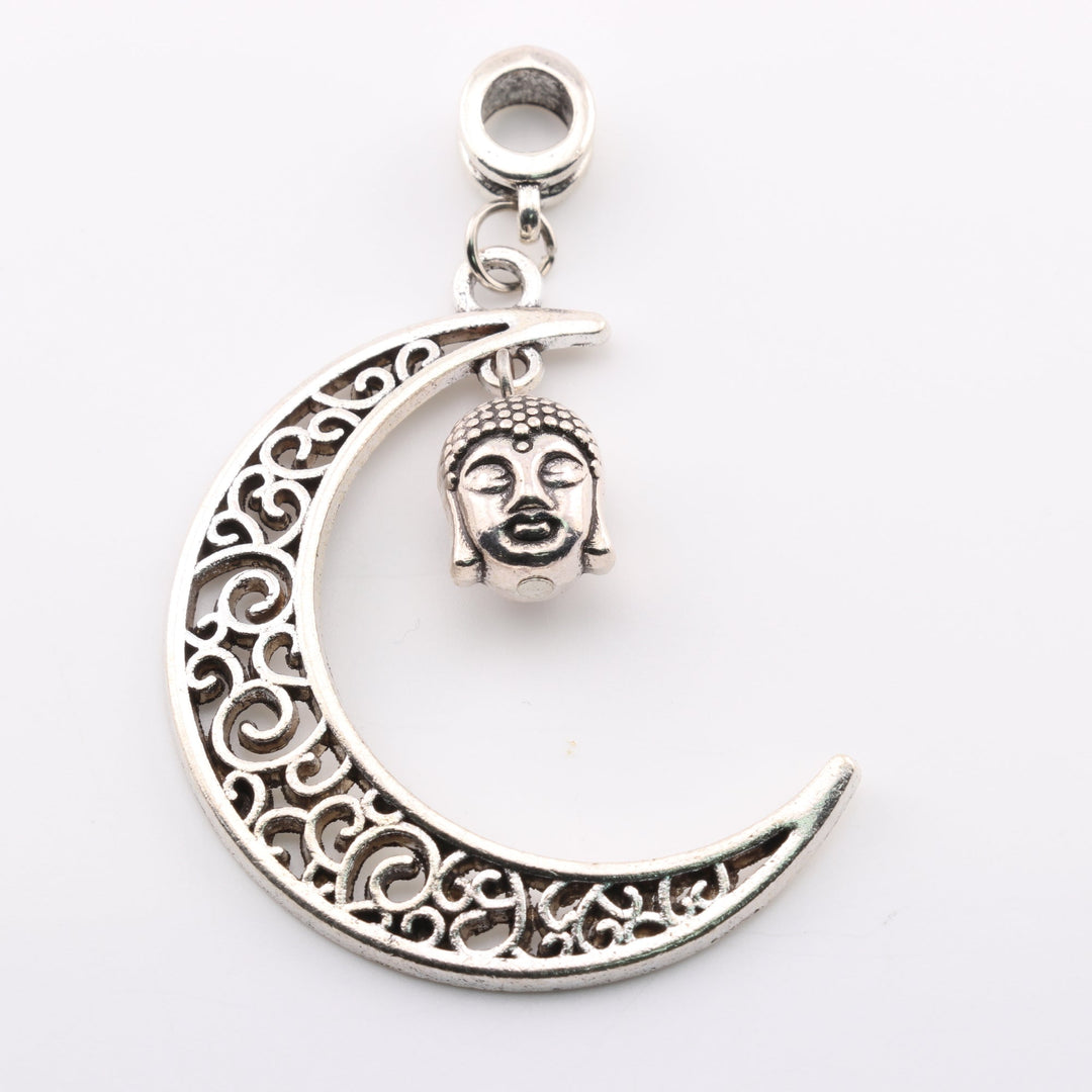 Mystic Moon Embrace: Silver-Toned Brass Pendant with Buddha Head Necklace