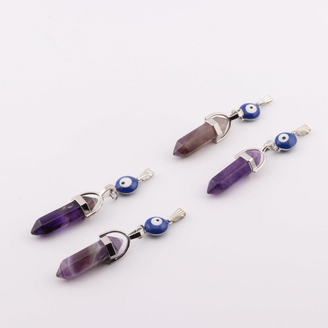 Handcrafted Natural Amethyst Stone Point Pendant Necklace with Evil Eye Charm