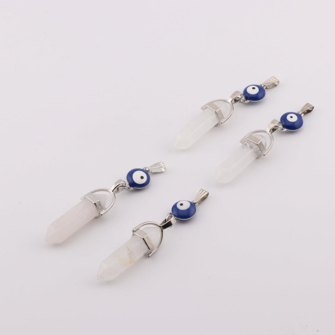 Handcrafted Natural Clear Quartz Point Pendant Necklace with Evil Eye Charm