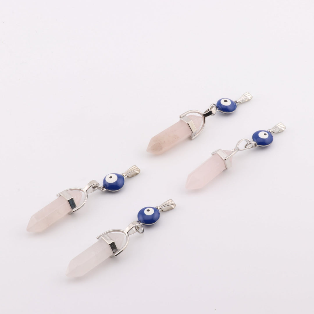 Handcrafted Natural Rose Quartz Point Pendant Necklace with Evil Eye Charm