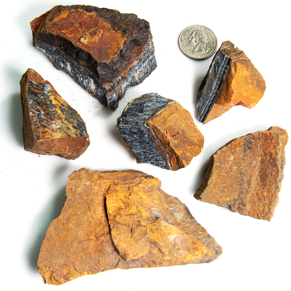 Rough-cut raw pieces of golden-brown iron ore and tiger's eye minerals with iridescent blue-black chatoyant bands scattered on a white surface alongside a US quarter for scale