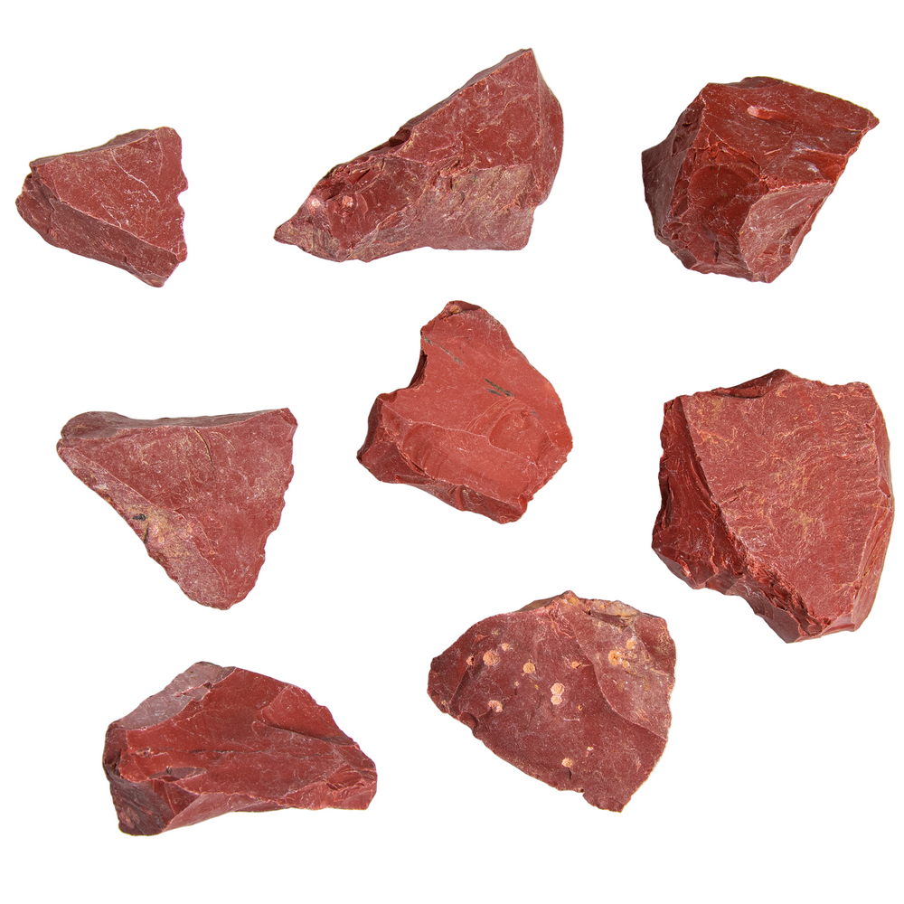 Eight natural dark red rock specimens showing rough fractured surfaces and subtle lighter brown inclusions displayed against a clean white background