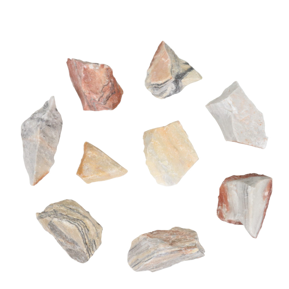 Collection of eight irregularly shaped natural stone fragments featuring reddish-brown, pale yellow, and greyish-white hues with distinct dark striations