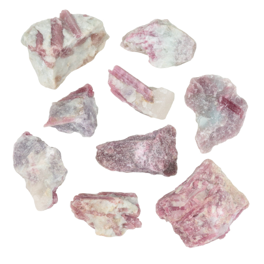 Rough natural tourmaline mineral specimens displaying vibrant pink rubellite crystals within a white matrix, exhibiting unpolished textures and various irregular forms