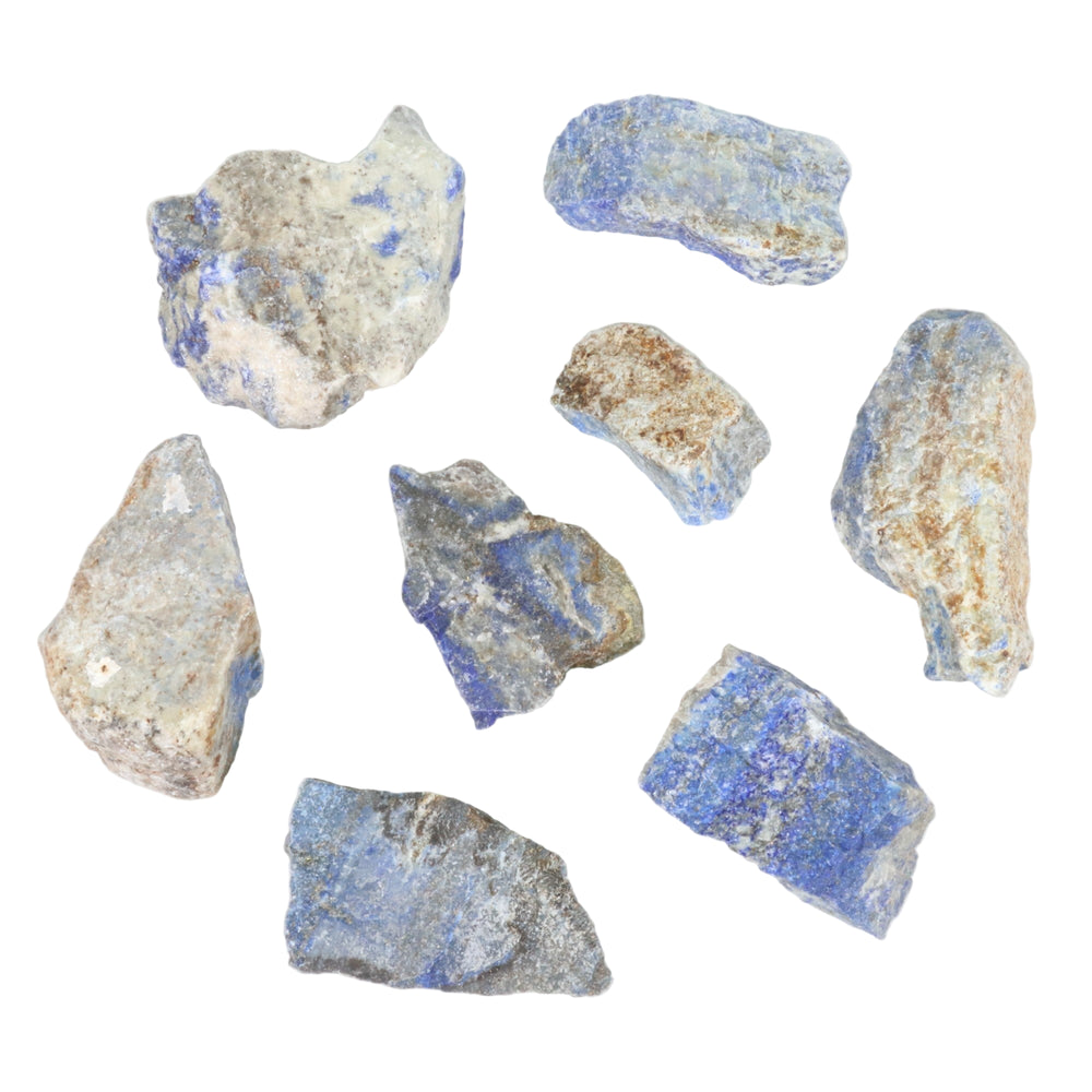 Rough unpolished Lapis Lazuli mineral specimens featuring deep blue, white calcite, and subtle golden pyrite flecks scattered across a pure white background