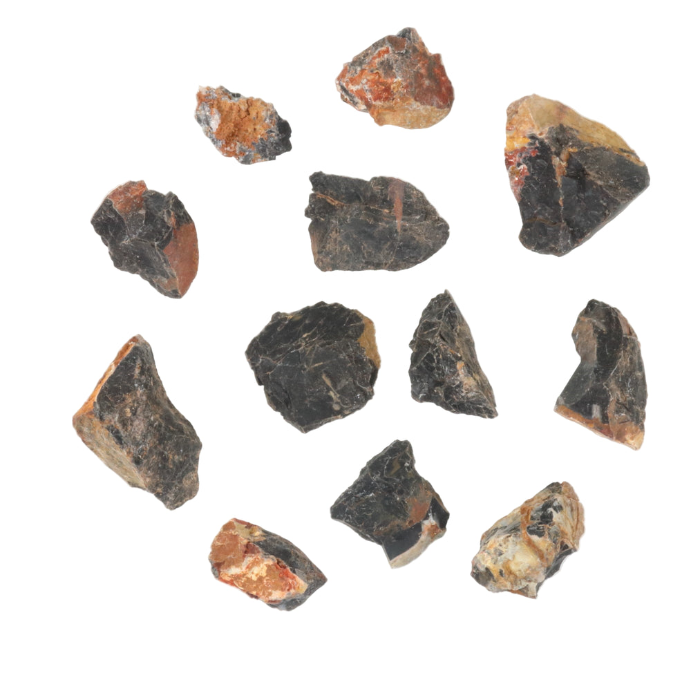Studio photograph of twelve rough natural stones displaying dominant dark gray, rusty orange, and yellowish-brown coloration arranged on a white background