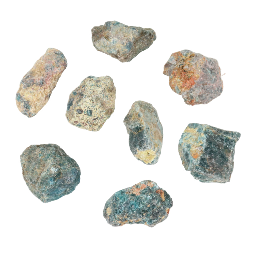 Natural raw mineral stones eight irregular rough pieces showing teal-blue beige and rusty orange hues on a white background